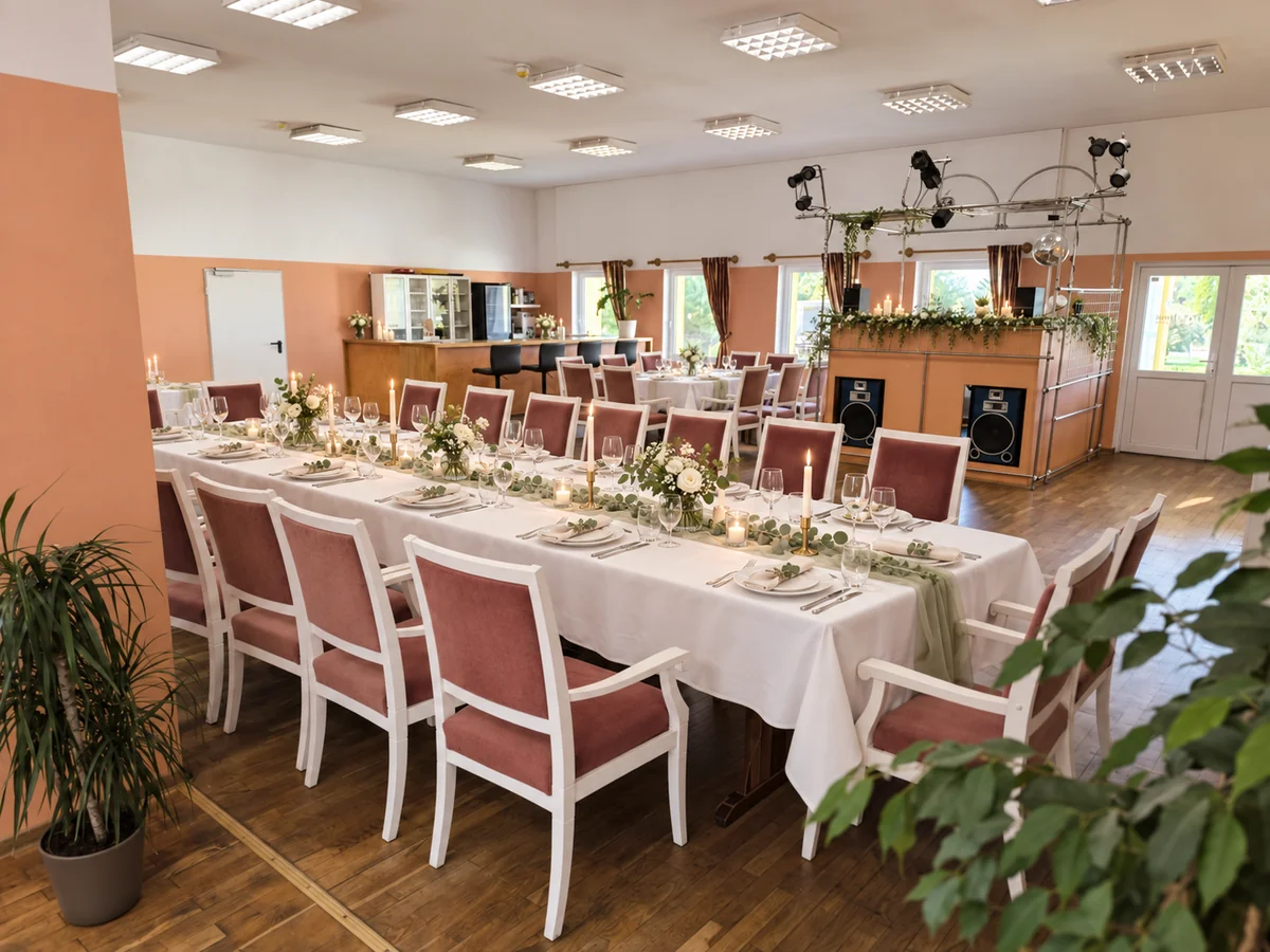 Dezent geschmückte Hochzeitstafel im Festsaal
